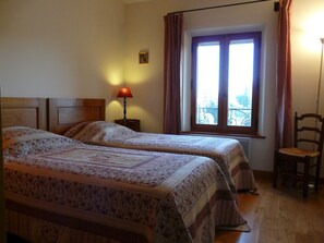 A bedroom with two beds, a nightstand with a lamp, a chair, and a window with curtains. - Vacation rental SAINT REMY DE PROVENCE LS1-196 (Saint Remy de Provence)