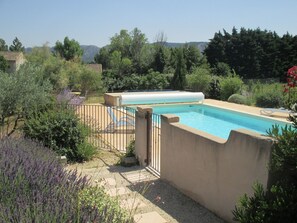 Una piscina envoltada per una tanca, amb un jardí i arbres al fons.