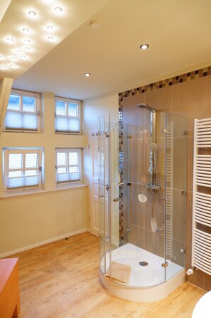 Bathtub, hair dryer, towels, soap