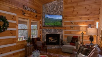 Smart TV, fireplace, books