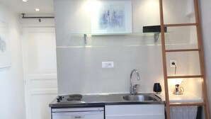 A compact kitchenette with a built-in dishwasher, a sink, and a small refrigerator. There is a wooden ladder leading to a loft bed above. - Charming studio in the Marais (Paris)