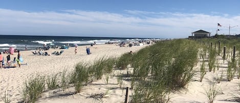 Une plage avec des dunes de sable et un bâtiment visible au loin.
