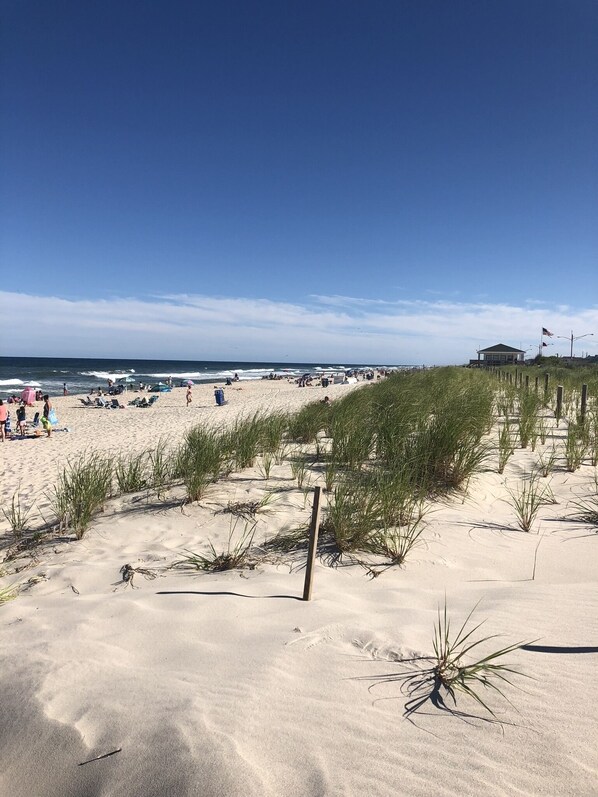 A beach with sand dunes and a building in the distance.