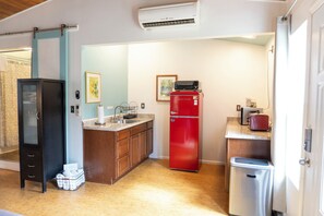 Fridge, microwave, coffee/tea maker, toaster