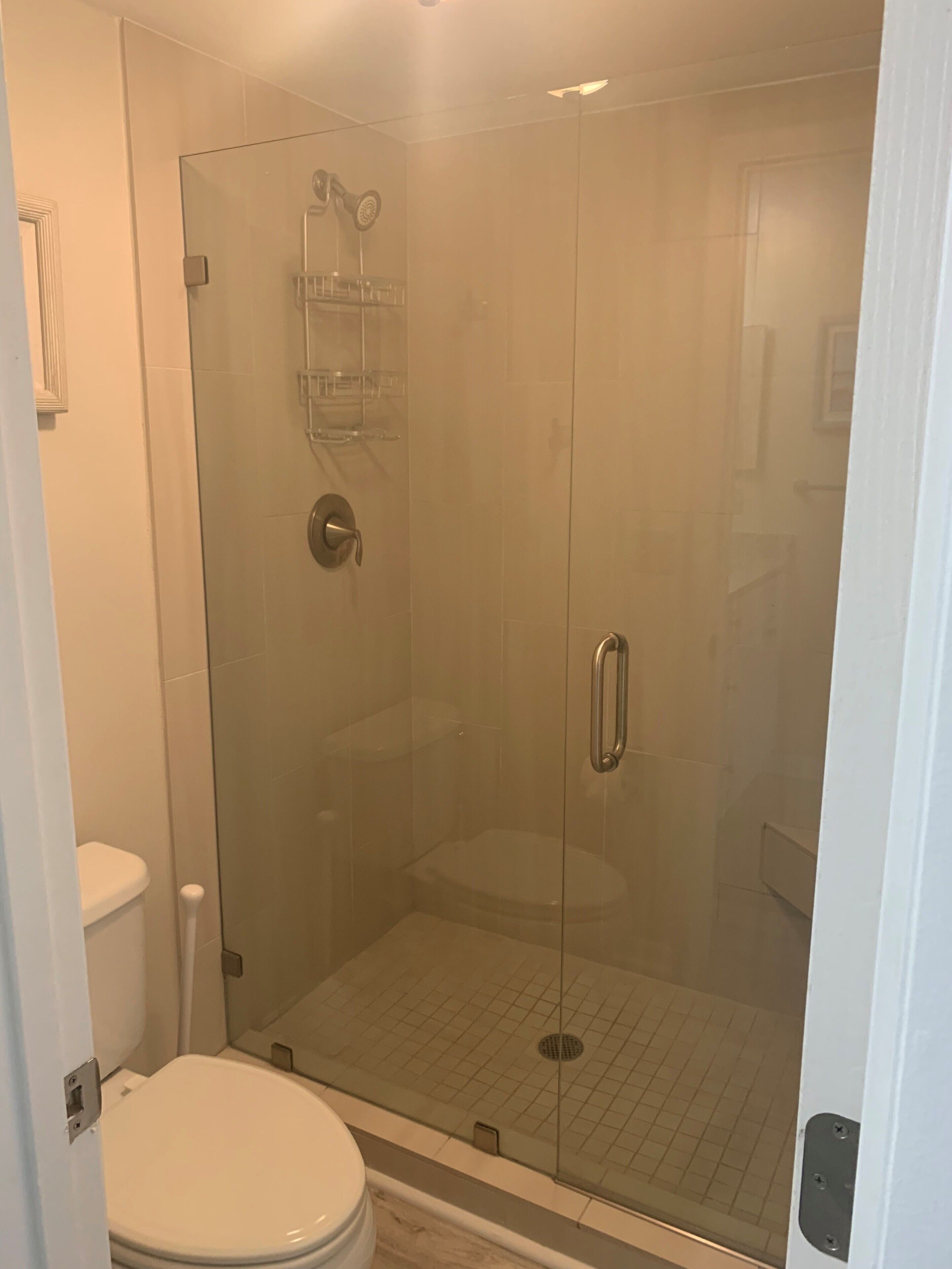 Een douchecabine met glazen wanden, een toilet en een klein plankje.