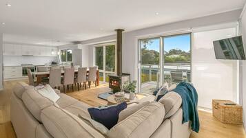 Televisión, chimenea, reproductor de DVD y libros