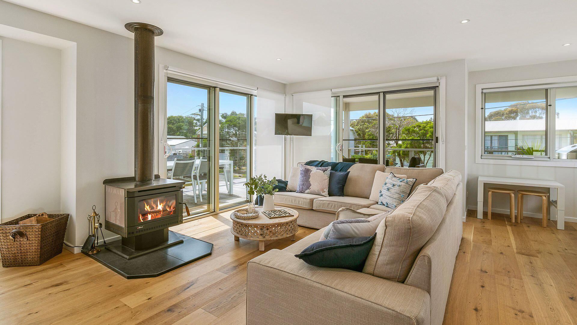 Televisión, chimenea, reproductor de DVD y libros 