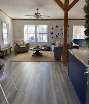 Smart TV, caminetto, libri, videoteca