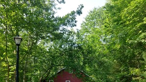 A red barn with a gravel path leading to it, surrounded by lush green trees. - #7 Adirondack@Birchwood Cottages on Loon Lake. Family Friendly Waterfront (Chestertown)