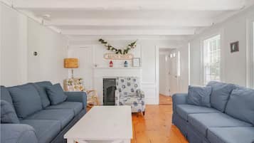 Smart TV, fireplace, DVD player, books