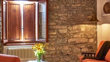 TV, caminetto, libri