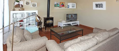 Uma sala de estar com sofá, mesa de centro de vidro, televisão, lareira e aparador com portas de vidro.