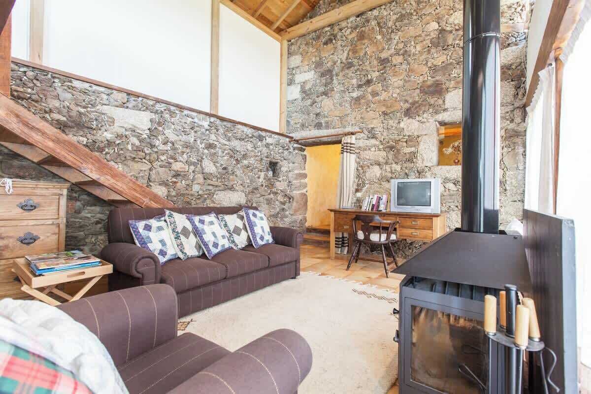 TV, fireplace, books, offices