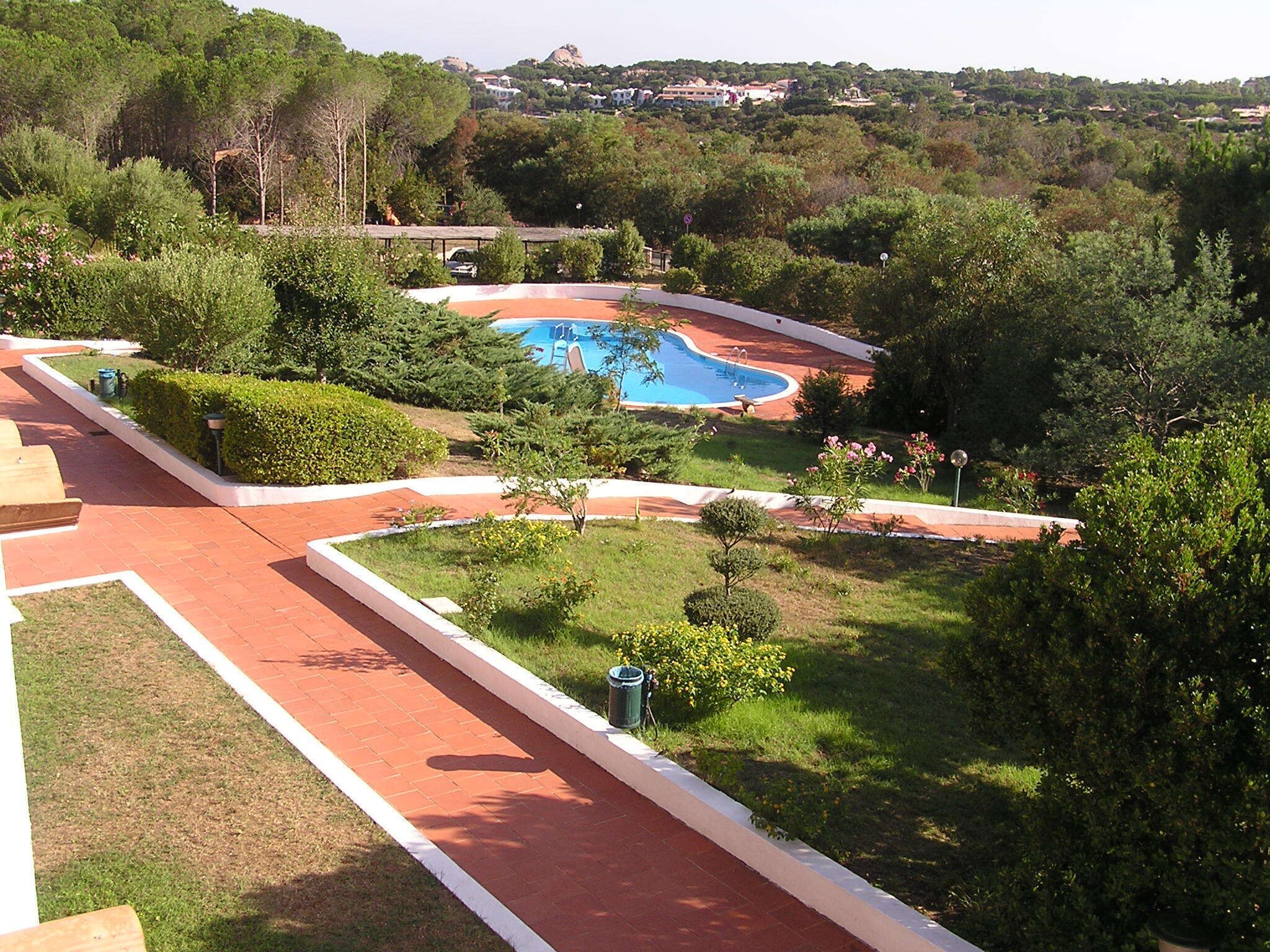 Zona ajardinada con piscina, rodeada de setos y árboles bien cuidados, y vistas a edificios lejanos.