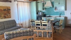 Um interior rústico com teto de madeira, área de jantar com cadeiras estampadas, cozinha com armários verde-água e um sofá.