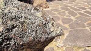 Uma trilha de pedra que leva a uma área externa rústica com uma grande formação rochosa e uma estátua.