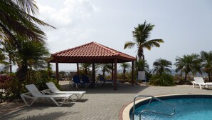A pool area with lounge chairs, a covered seating area, and palm trees. - DIVE FROM YOUR DOORSTEP!  Oceanview Townhome with Diving Amenities at Marazul E1 (Sabana Westpunt)