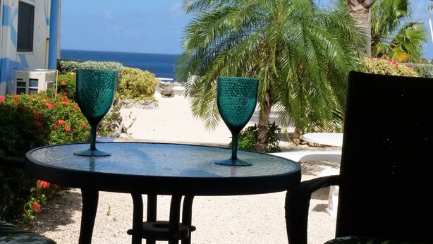 A patio with two round tables, a palm tree, and a view of the ocean. - DIVE FROM YOUR DOORSTEP!  Oceanview Townhome with Diving Amenities at Marazul E1 (Sabana Westpunt)