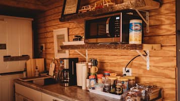 Fridge, microwave, coffee/tea maker, electric kettle