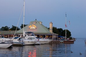 A marina with several boats docked, a building with a green roof, and a clear sky. - Boutique character home with spa-like pool in bucolic neighbourhood, Port Credit (Mississauga)