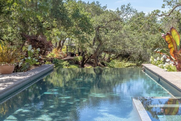 Outdoor pool, an infinity pool, sun loungers