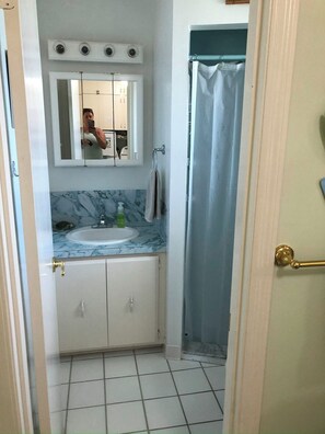 Combined shower/tub, hair dryer, towels