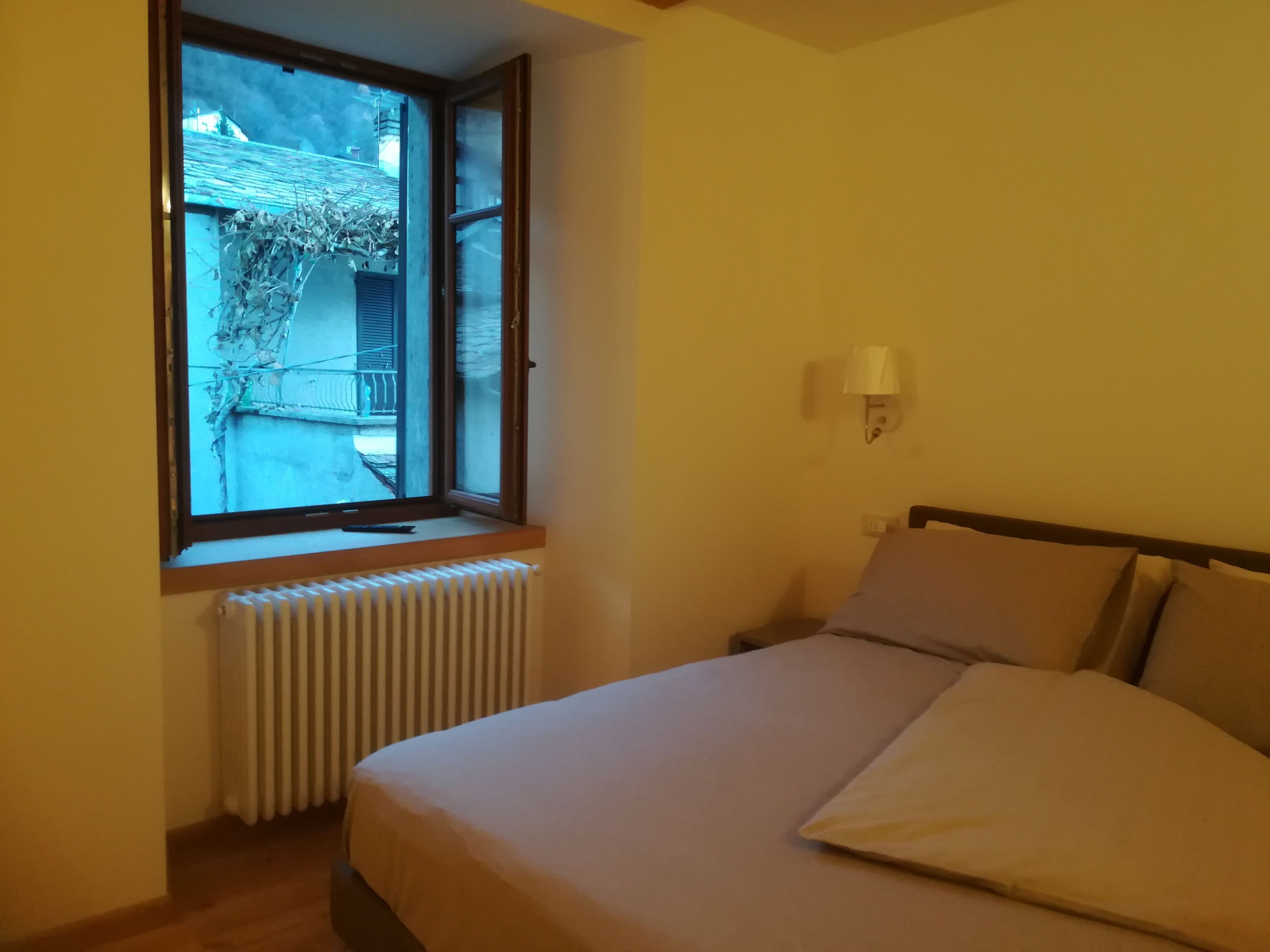 A bedroom with a bed, a window, a radiator, and a wall-mounted lamp.