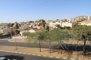 A residential area with houses, a road, and a pedestrian crossing.