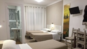 Habitación de hotel con dos camas, ducha, lavamanos, televisión y un cuadro en la pared.
