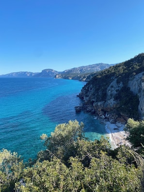 A coastal landscape with clear blue sea, rocky cliffs, and dense greenery.