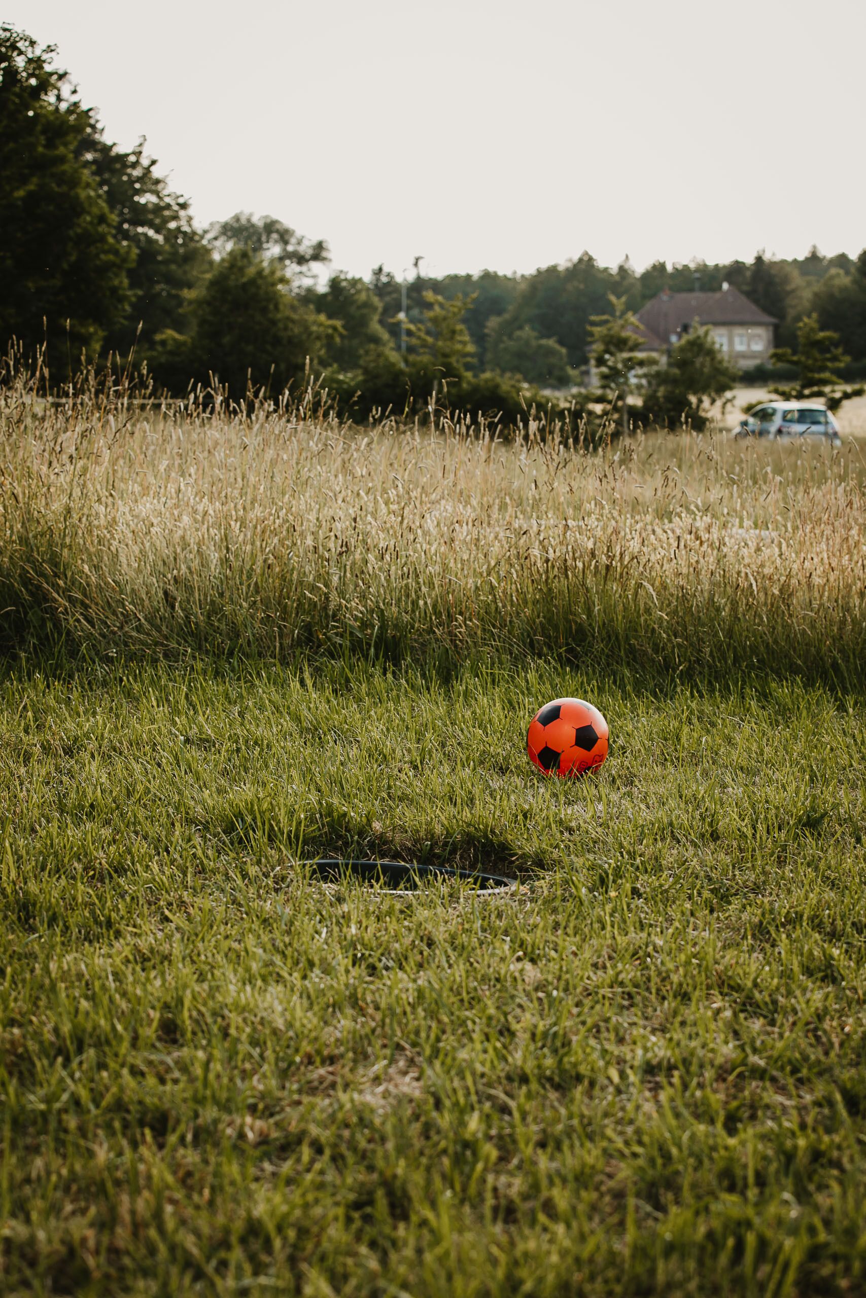 A soccer ball in a grassy field with a house and trees in the background.