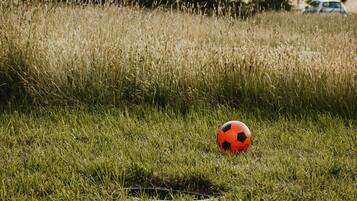 A soccer ball in a grassy field with a house and trees in the background.
