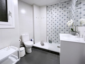 Chuveiro, secador de cabelo, toalhas de banho 