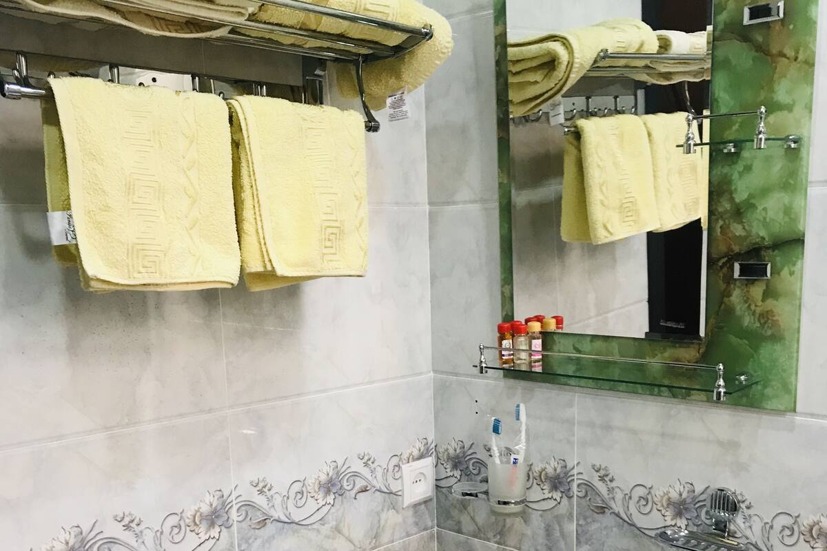 Combined shower/bathtub, free toiletries, hair dryer, slippers