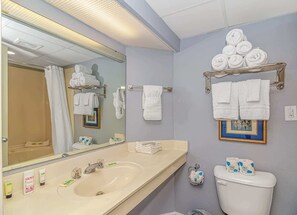 Ensemble baignoire-douche, séchoir à cheveux, serviettes fournies