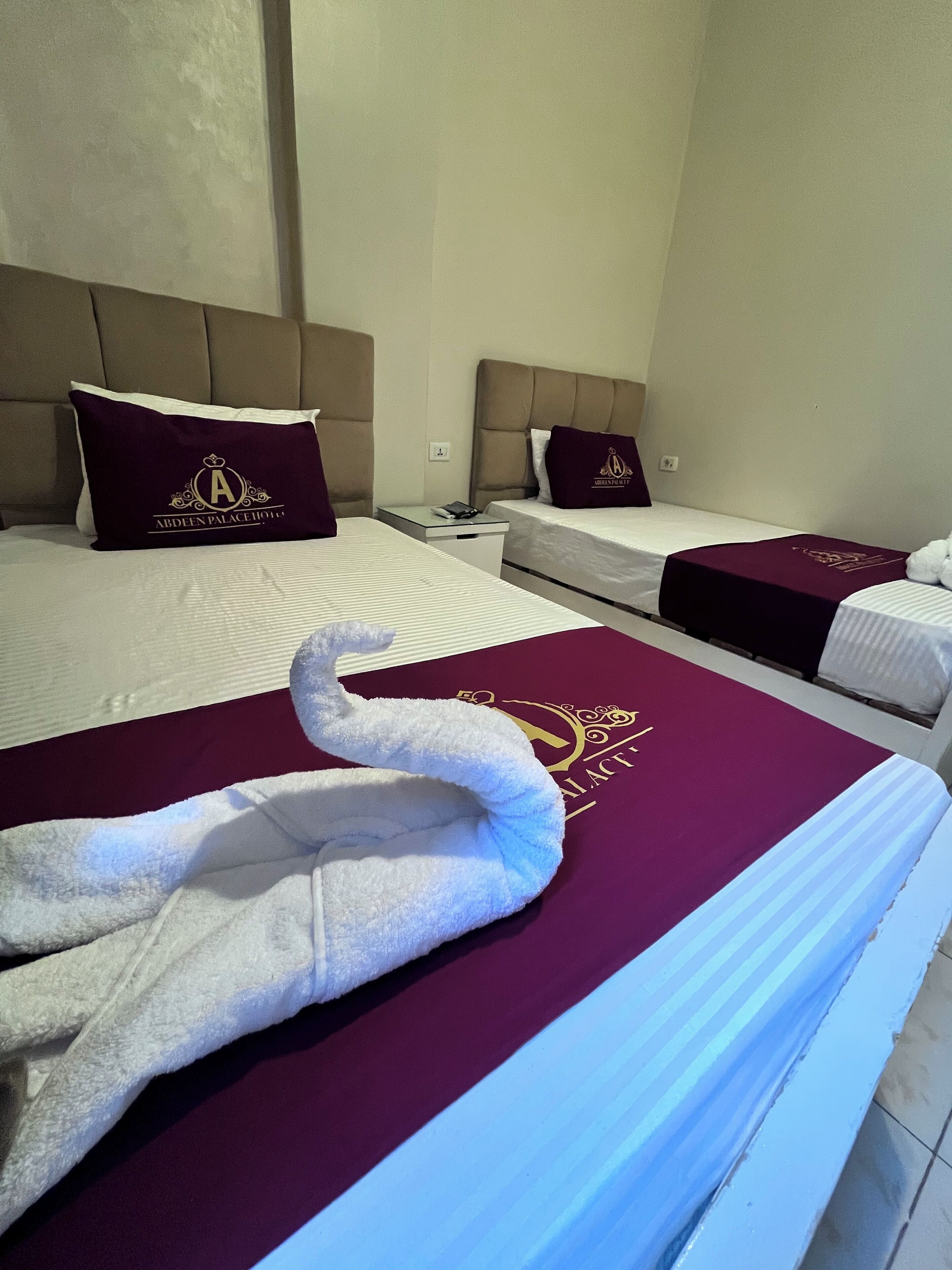 A hotel room with two beds, each with a headboard and a pillow with a logo. A towel is placed on the bed in front of the first bed.