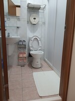 Un baño pequeño con inodoro, lavamanos, espejo y un estante con zapatillas.