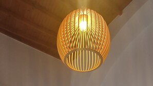 Une chambre avec deux lits, un tapis tissé, un miroir fixé au mur et un luminaire au plafond.