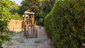 A wooden play structure with a slide and climbing area, surrounded by dense greenery and trees. - Four-room apartment in the Capo D'Arco area with direct access to the sea (Rio Marina)
