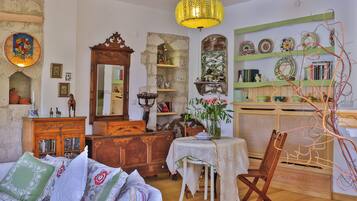 TV connectée, cheminée, lecteur de DVD, livres