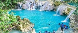 Une piscine naturelle à l’eau claire et bleue, entourée de rochers et de verdure.