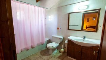 A bathroom with a toilet, sink, mirror, and pink shower curtain.