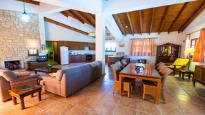 Smart TV, fireplace, DVD player, stereo