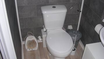 Shower, towels, soap, toilet paper