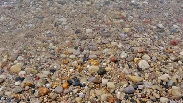 A pebbled beach with clear water and a calm sea. - The Purple Martin Inn (Rogers City)