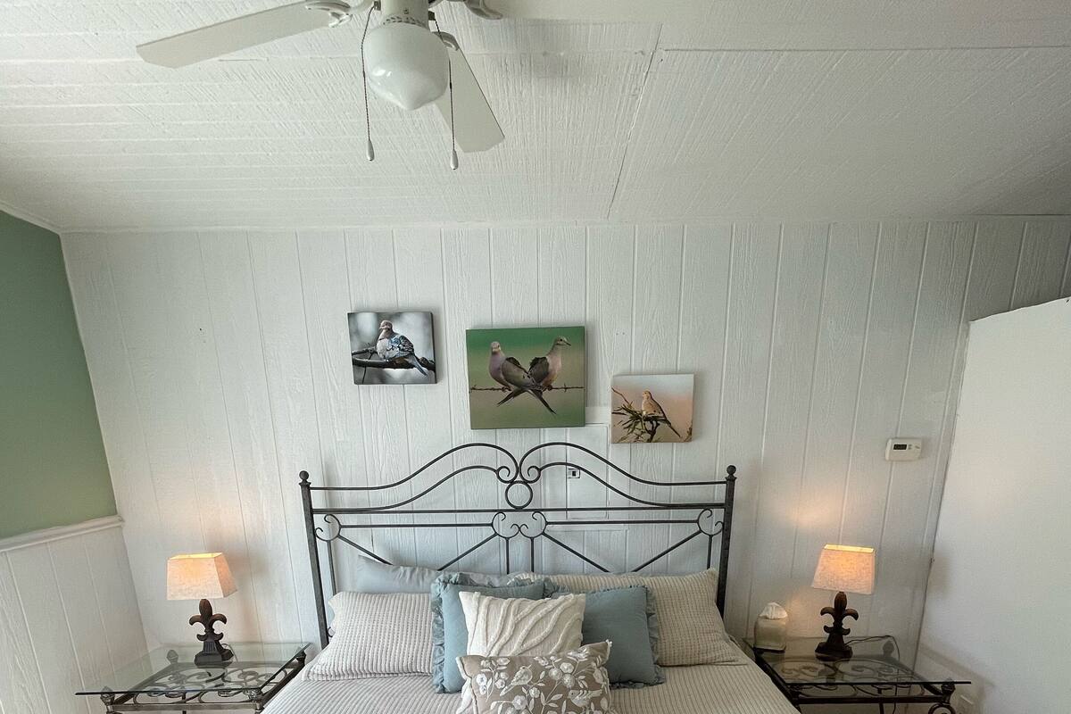A bedroom with a bed, two bedside tables, a ceiling fan, and wall-mounted artwork.