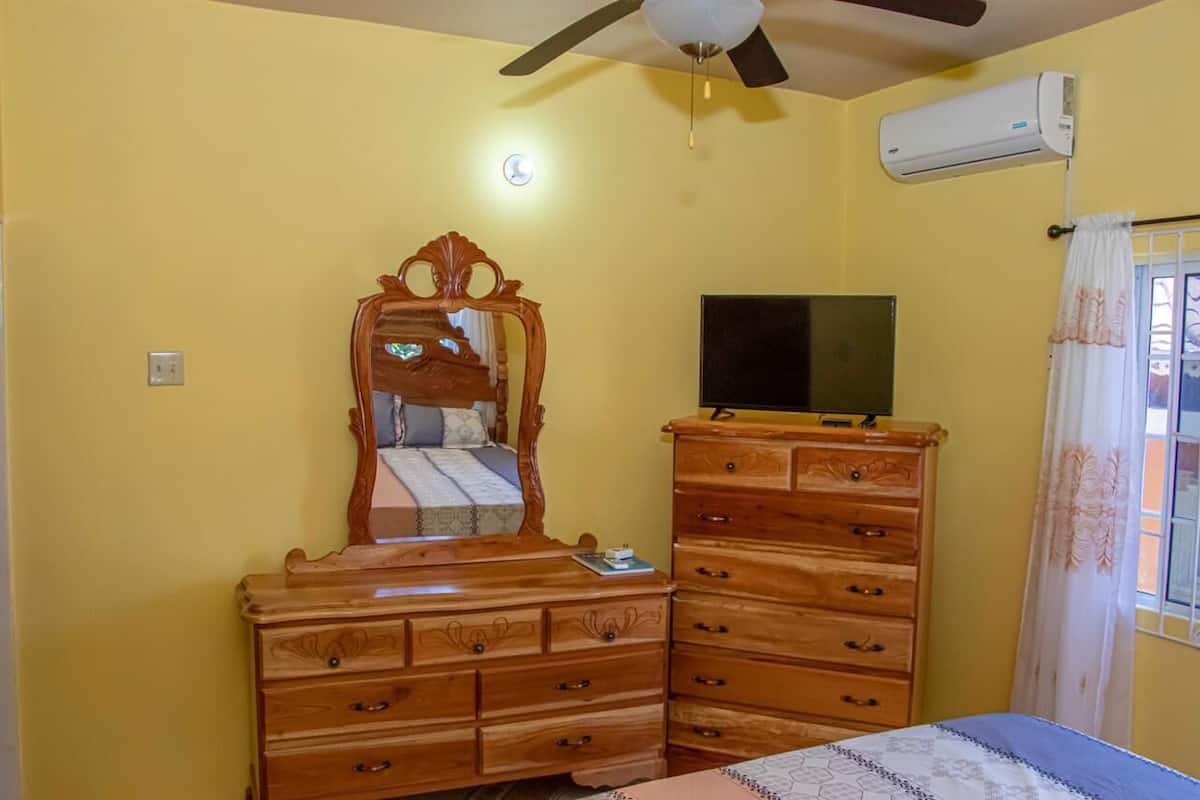 A bedroom with a bed, dresser, television, ceiling fan, and air conditioning unit.