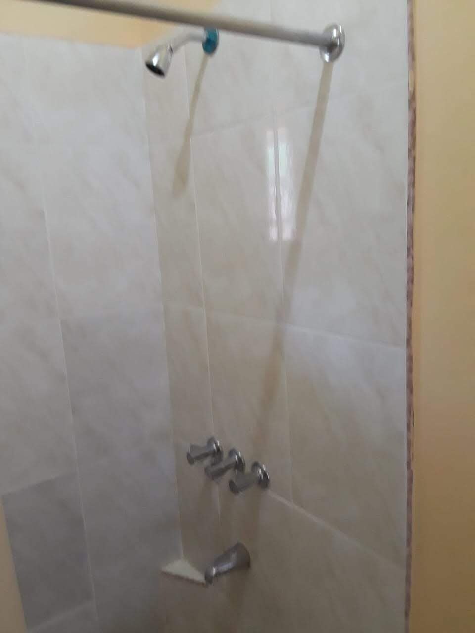 Zona de ducha con puerta de vidrio, toallero metálico y ducha.