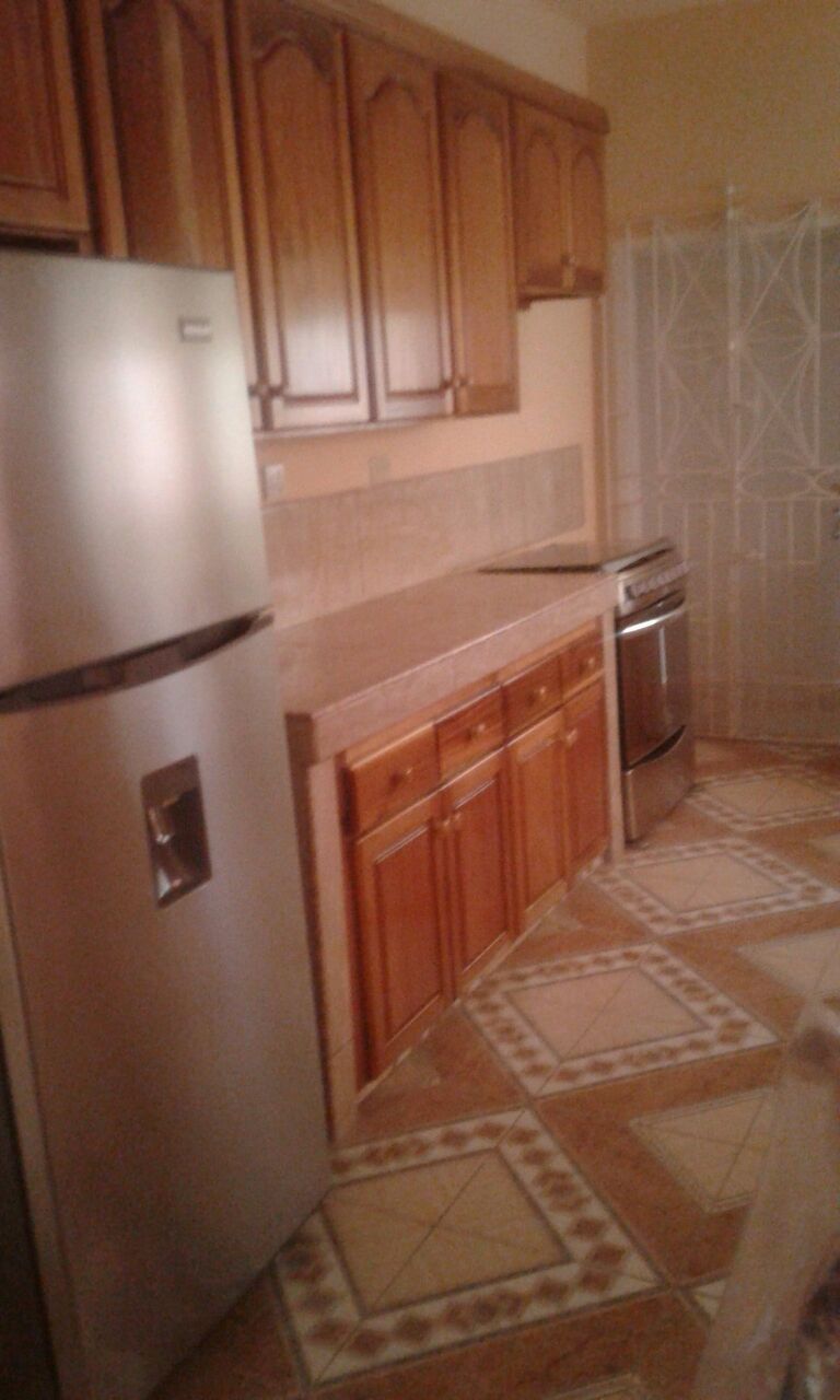 A kitchen with wooden cabinets, a refrigerator, an oven, and a patterned floor.