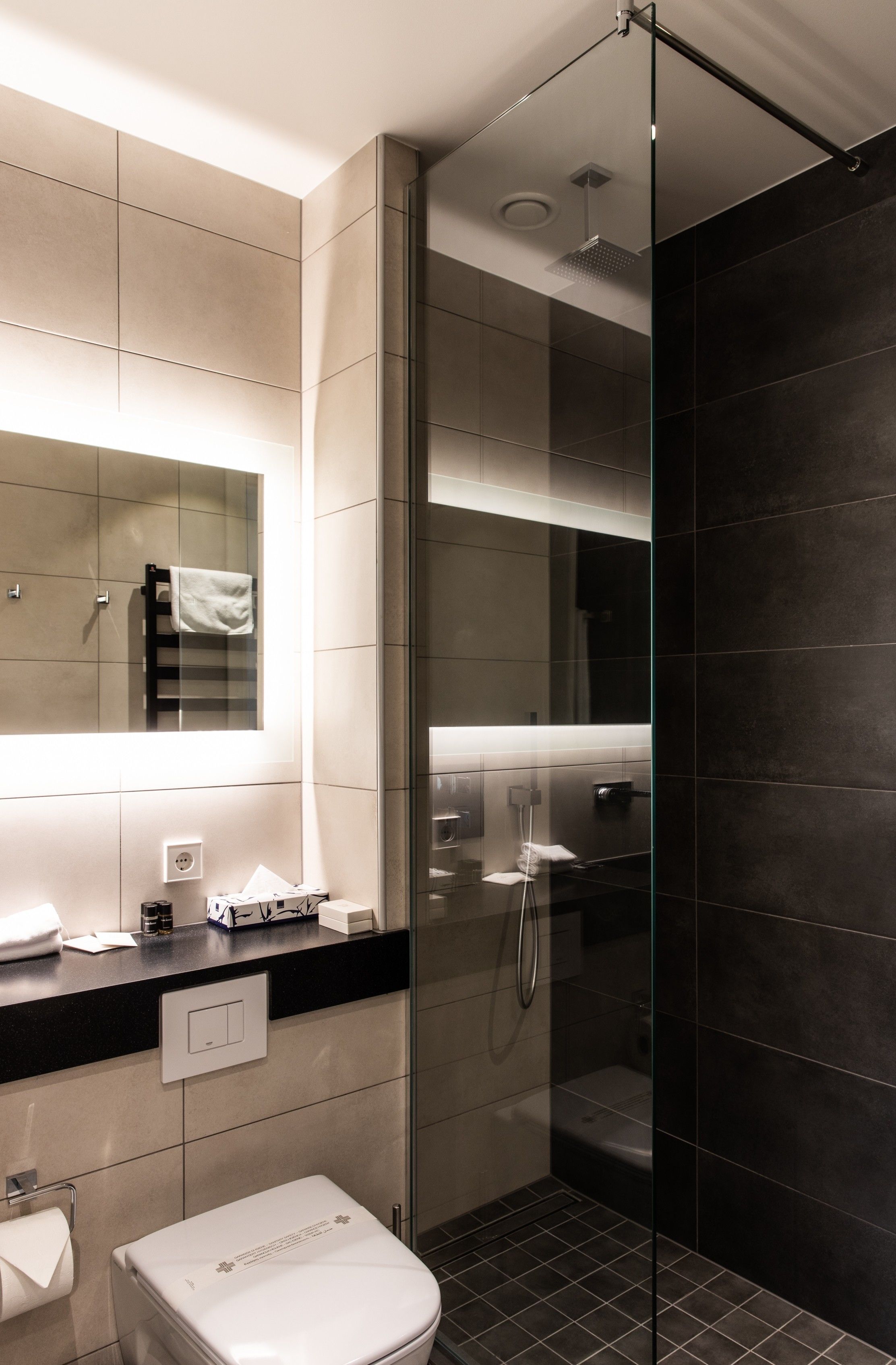 shower, rainfall showerhead, free toiletries, hair dryer